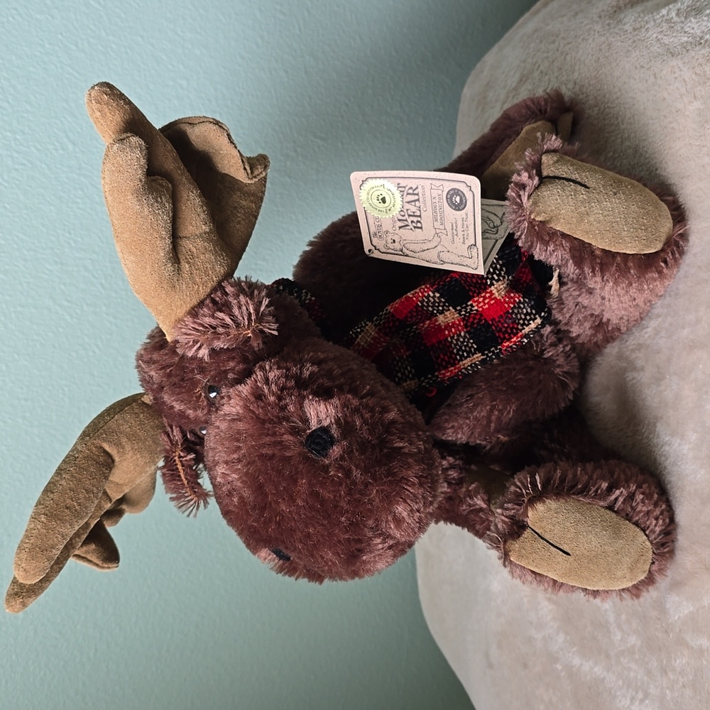Boyds Bear Brown Plush Moose with Red Plaid Scarf